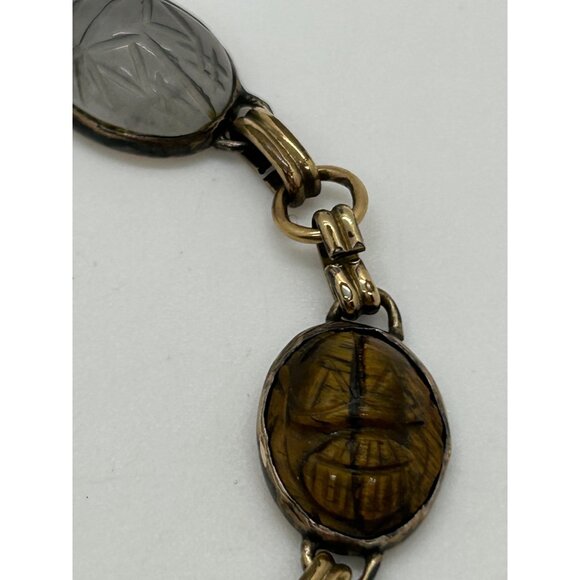 Egyptian Revival 1920s-30s Scarab Bracelet With Carved Natural Stones & Gold-Ton - Picture 8 of 16
